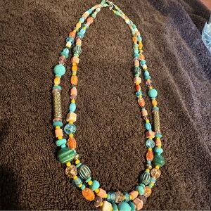 Two Strand Glass Stone Statement Necklace 12” Silver Clasp